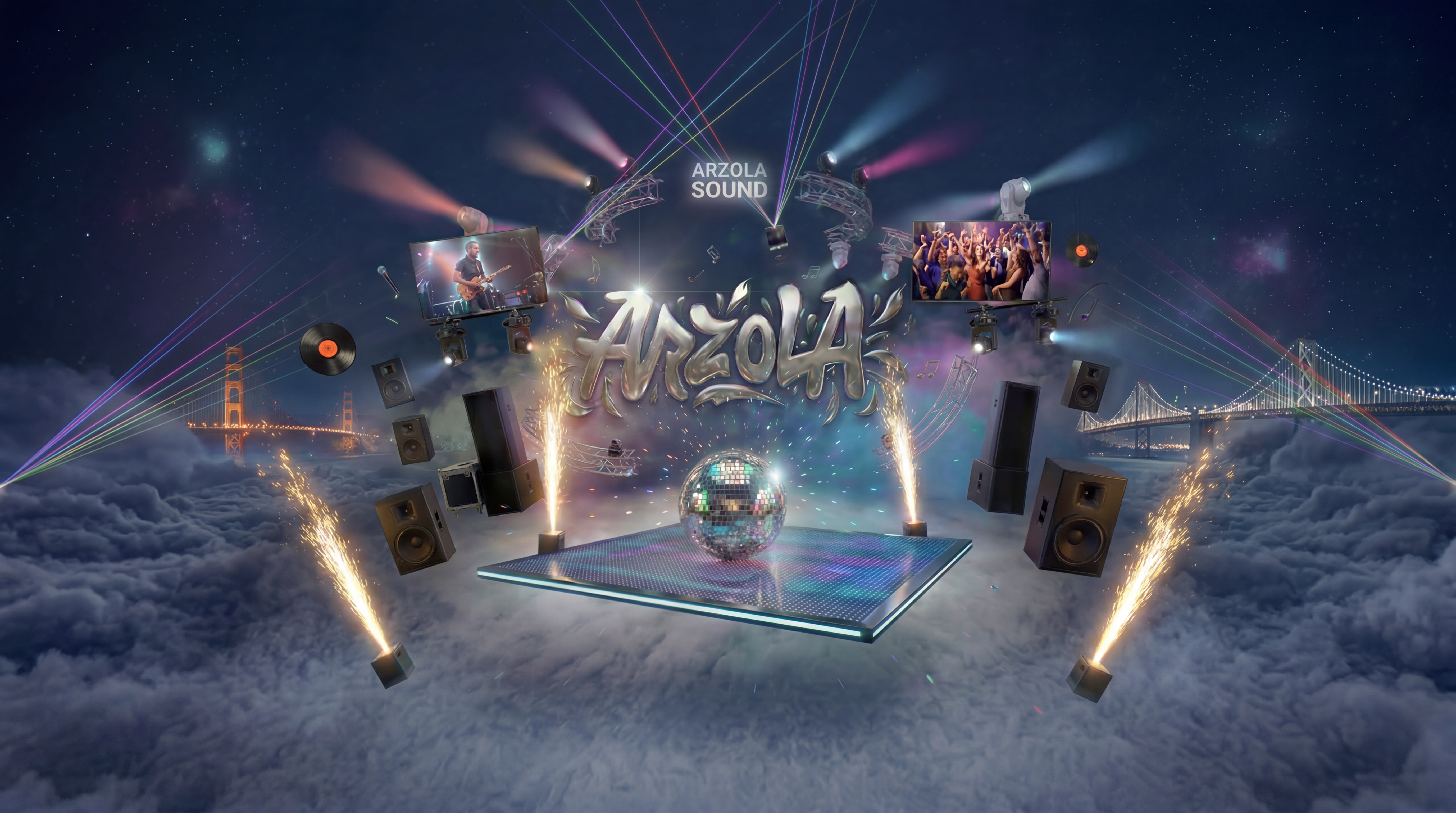 Arzola Sound brand campaign — clouds, disco ball, Golden Gate