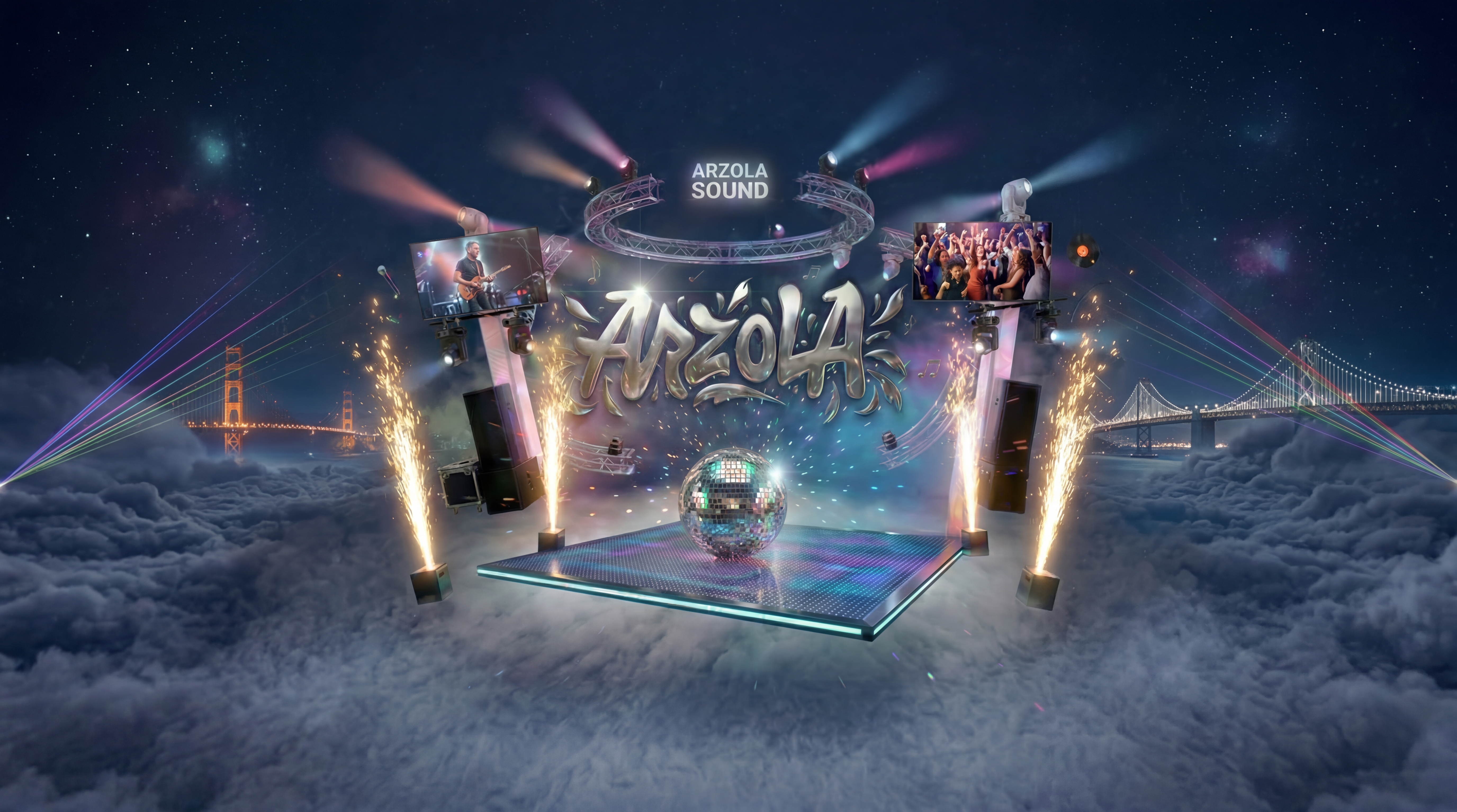 Arzola Sound — clouds, disco ball, sparklers, Golden Gate Bridge campaign image
